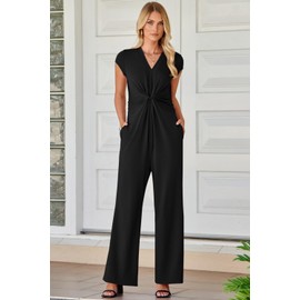 Happy Sailed Jumpsuits for Women Formal V Neck Short Sleeve Long Romper Crisscros Twist Runched Waist Wide Leg Long Pants Outfits Black X-Large