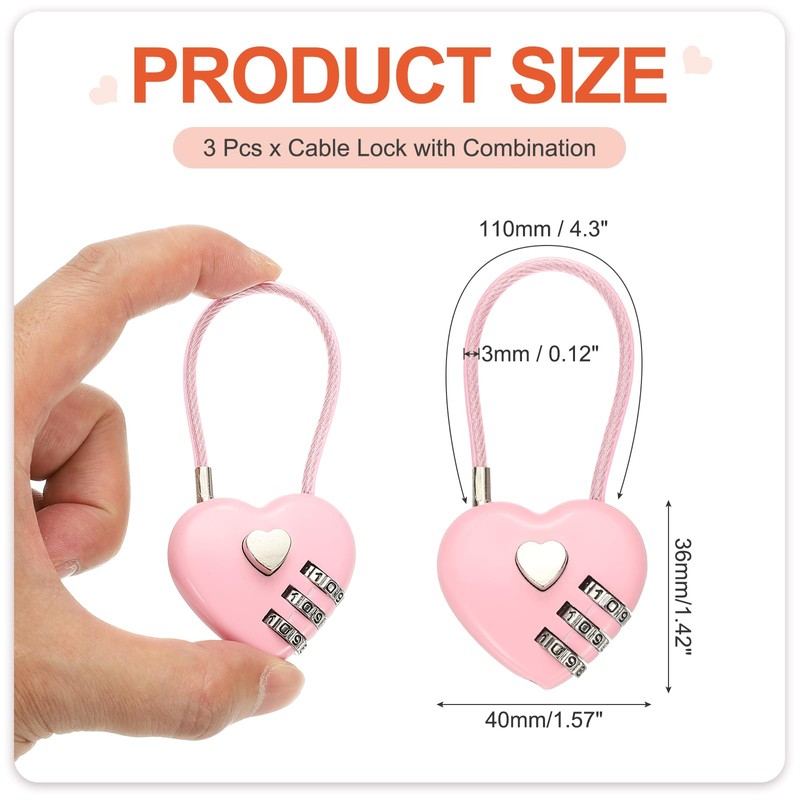 PATIKIL 3 Digit Cable Combination Lock, 3 Pcs Heart Shape