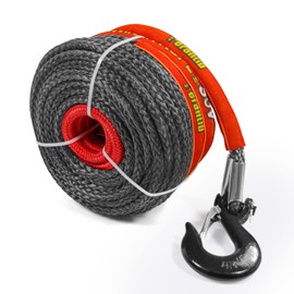 Synthetic Winch Rope 3/8" x 100'-23800 lbs Winch Line with Protective Sleeve,Forged Winch Hook,Safety Pull Strap go for 4WD Road Vehicle Truck SUV ATV UTV（Black Gray）…