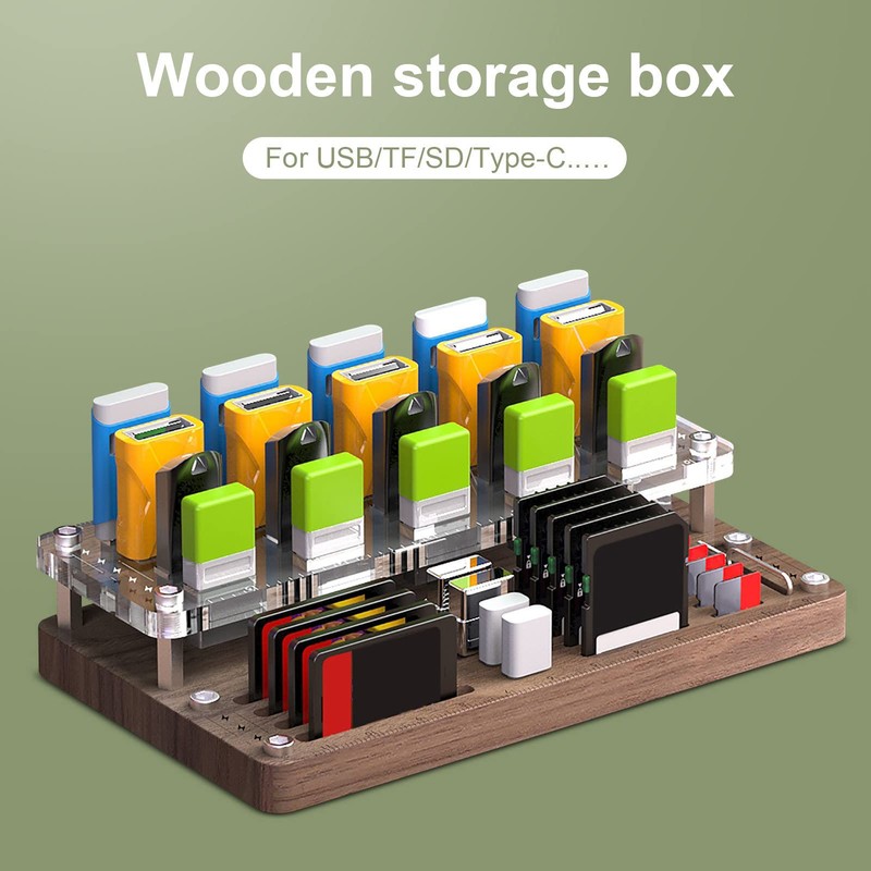 USB Organizer,40-Slots Wooden USB Flash Drive Case | TF Cards