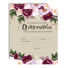 Amanda Creation Watercolor Burgundy Peony Quinceanera Invitations, 20 5x7 Fill In Cards with Twenty White Envelopes
