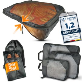 TRAVELY Packing Cubes Compression - 5-teiliges Set inkl. Schuhtasche & Wäschebeutel - Packwürfel Kompression als Koffer oder Rucksack Organizer - Packtaschen für Reise, Packbeutel, Kompressionsbeutel