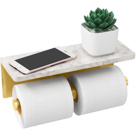 Brushed Gold Toilet Paper Holder with Shelf, New Upgrade Double Toilet Paper Holder with Storage, Marble Roll Toilet Paper Wall Mount for Bathroom Washroom