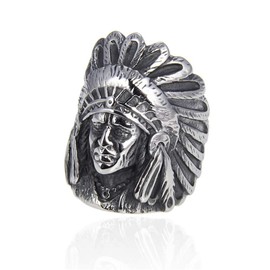 HIJONES Men's Stainless Steel Punk Gothic Indian Chief Headdress Tribal Native American Ring Rock Band Silver Black Size 9