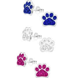 ICYROSE 925 Sterling Silver Set of 3 Pairs Blue White & Hot pink Crystal Paw Print Stud Earrings