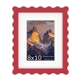 SZYUU 8x10 Wavy Picture Frame with Mat for 5x7, Real Glass and Wooden​ Frame - Tabletop or Wall Hanging Photo Frame(1 Pack, Red)