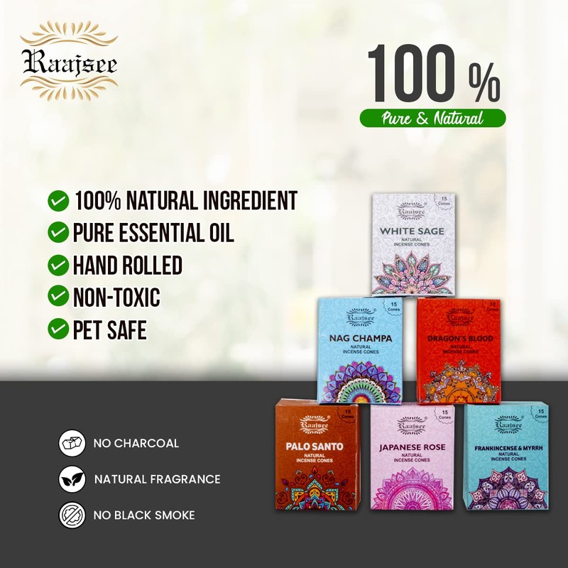 Raajsee Natural Incense Cones,6 Pack Mixed Scents Gift Pack 15