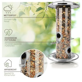 wildtier liebe Körner Feeder Column, Bird Feeder 26 cm, Silver - Made of Rustproof Stainless Steel I Bird Feeding Station, Bird Feeder Column, Wild Birds Feeder Silo I Year-Round Bird Feeding