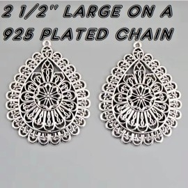 Fashion Jewelry X LARGE FLOWER TEAR DROP MANDALA Pendant on 26" 925 Plated Silver Necklace BOHO