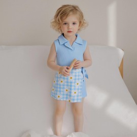 Madjtlqy Toddler Baby Girl Summer Outfits Solid Color Collared Sleeveless Tank Tops + Floral Plaid Shorts Set (Blue-Daisy, 4-5T)