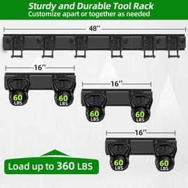 PIYILO Garage Tool Organizer Wall Mount with 48 inches Rails and 6 Double-layer Hooks, Garden Tool Rack Heavy Duty, Garage Hanging Storage Rack For Yard Tools, Shovel, Shed
