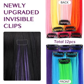 IDN BEAUTY Colored Clip in Hair Extension, 12PCS Rainbow 24Inch Invisible Clip Straight Synthetic Hair Pieces for Women Kids Girls, Hair Accessories for Party Cosplay Travel Birthday