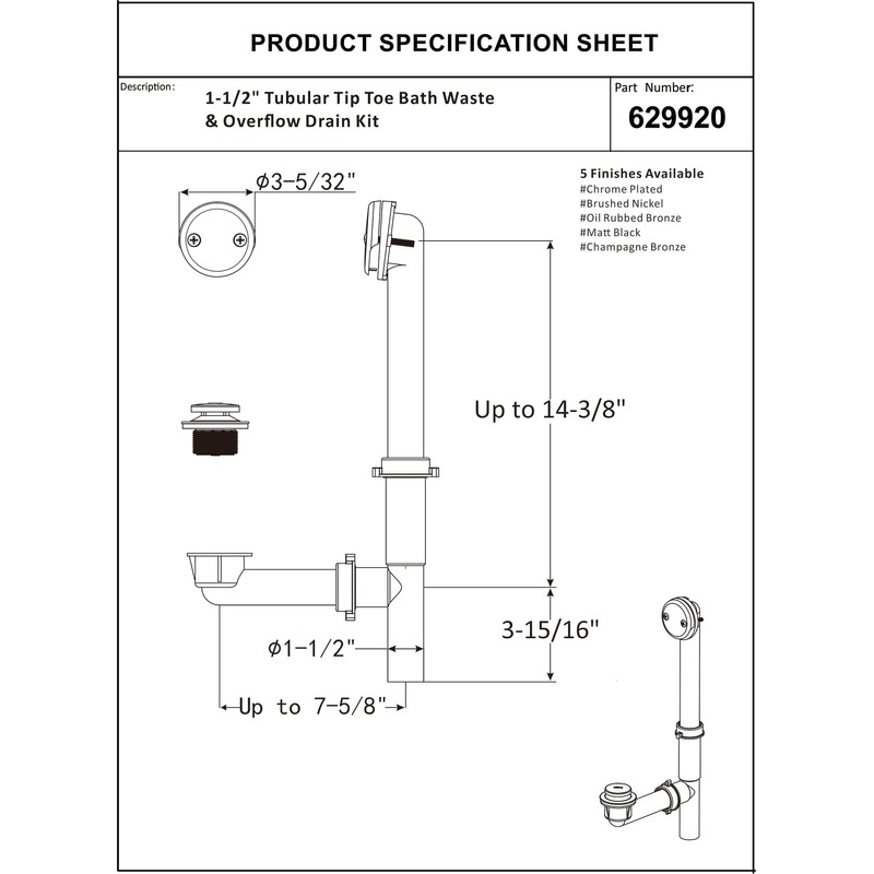 Artiwell 1-1/2" Black Tubular Bath Drain Kit with Tip-Toe Bath
