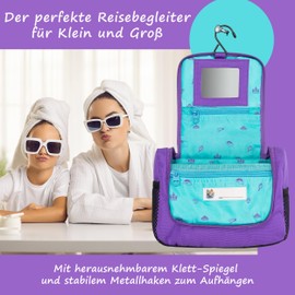 GRINSEZWERGE Children's Toiletry Bag, Travel Toiletry Bag for Hanging, Cosmetic Bag, Wash Bag, Travel Bag, Cosmetic Bag, Travel Accessories, Pia Princess (Purple), childish