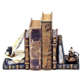 Bellaa 26324 Vintage Bookends Wizard Feather Quill Pen and Ink Bottle with Oil Lamp Antique Style Farmhouse Cottage Lodge Magic Home Decor