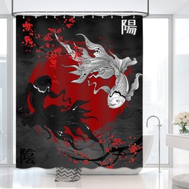 DLTAY Black and White Fish Shower Curtain, Yin Yang Shower Curtain, Japanese Anime Cherry Blossom Red Sun Shower Curtain Set Waterproof Bath Curtain Bathroom Decor with 12 Hooks, 72x72 inches