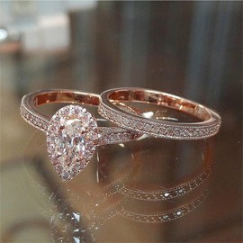 2 Pcs High Luxury Jewelry 18K Rose Gold Shiny Full Diamond AAA Pear Cut Teardrop Cubic Zirconia Solitaire Rings CZ Diamond Ring Set Eternity Engagement Wedding Band Set Promise Ring for Women (10)