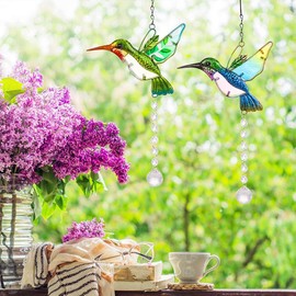 Hummingbird Stained Glass Suncatcher Window Hangings Birds Stained Glass Sun Catchers with Crystal for Home Garden Decoration (Green)