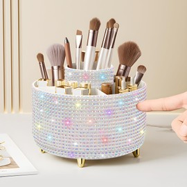 Diesisa Diesisa Bling Diamond 360 Makeup Brush Holder Organizer, Rotating Makeup Brush Organizer,5 Slot Make up Brushes Cup for Cosmetics, Vanity Desktop Organizer, Gift for Women Teen Girls- Diamond White
