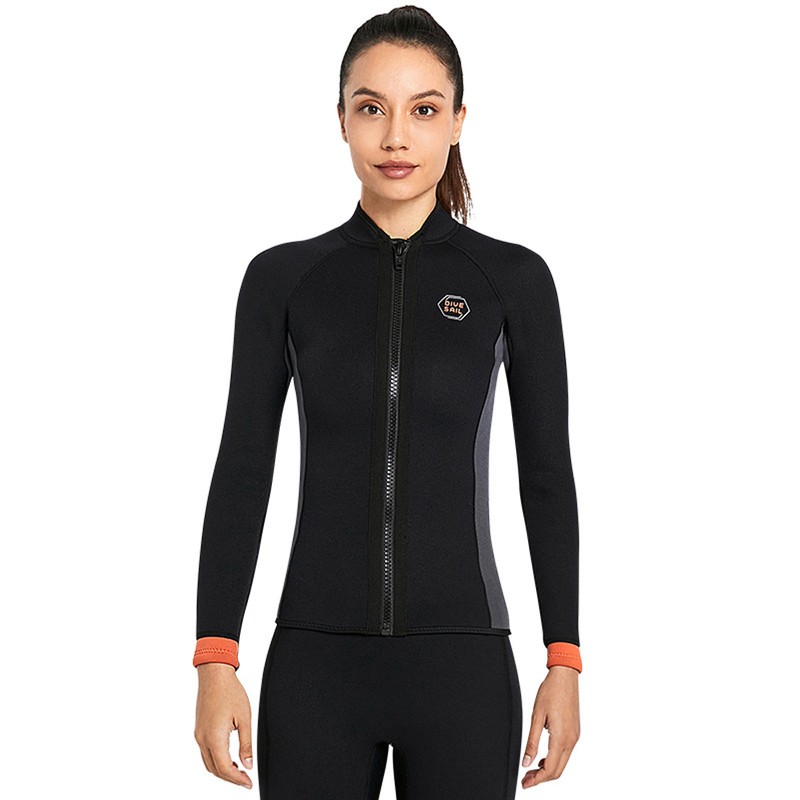 Women 3mm Neoprene Long Sleeve Wetsuit Top Warm Front Zipper