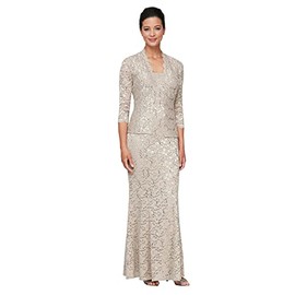 S.L. Fashions Women's Long Sequin Lace Fit and Flare Mother of The Bride Dress with Jacket (Petite & Regular Sizes), Champagne