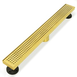 Neodrain 18-Inch Brushed Brass Linear Shower Drain with Removable Quadrato Pattern Grate,Professional 304 Stainless Steel Gold Rectangle Shower Floor Drain Manufacturer,Linear Drainwith Hair Strainer