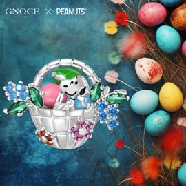 GNOCE Charm Bead Peanuts Snoopy Easter Eggs Basket Charm 925 Sterling Silver Beads Charms for Women and Girls Jewellery Gift for Fans, Silver, Cubic Zirconia