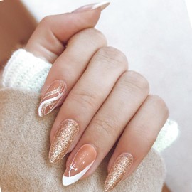 BUOKSLLY 24 Pieces Almond Shape Push On Nails, Matte Black & Gold Glitter, Nail Art Set, Stick On Nails for Daily Use, Party & More