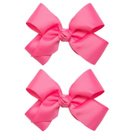HAIRBOWS Girls' 2 Pack of Grosgrain Hair Bows with Knot Wrap Center on Hair Clips, All Ages and Hair Types, 6 Inch Bows, Hot Pink