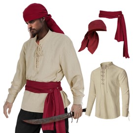 HSDOU Mens Pirate 3 Pcs Costume Set Renaissance Pirate Shirt Medieval Costume Viking (Z3760YE, 2XL)