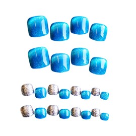 YOMCI Press On Toenails Square Toe Nail Tips for Women Girls Short False Toenails with Glue On Toenails Design Stick On Toe Nails 24Pcs Fake Toe Nails (Blue)