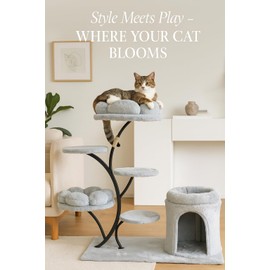 Meraki Home Modern Cat Tree Tower for Indoor Cats – Multi-Level Cat Condo with Steel Frame, Plush Flower Beds, Scratching Post, Hideout Cave & Dangling Toys, Stylish Cat Furniture, Grey
