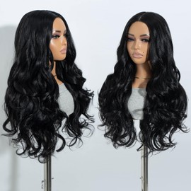 Joedir Wear and Go Glueless wig Pre Cut Lace No Glue Body Wave Synthetic Lace Front Wigs for Women Ready to Wear Middle Part Black Wig 26 Inch