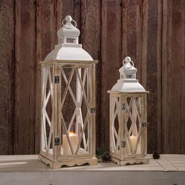 glitzhome Farmhouse White Wood Metal Lanterns Decorative Hanging Candle Lanterns Set of 2