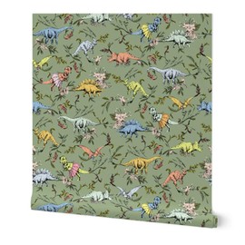 Peel & Stick Wallpaper Swatch - Dino Dancer Ballet Tutu Dinosaurs Floral Olive Custom Removable Wallpaper by Spoonflower