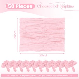 50 Pack Pink Cheesecloth Napkins 20x20 Inch Cloth Napkins Bulk Rustic Boho Gauze Dinner Napkin Cloth Washable Table Napkin for Wedding Party Bridal Baby Shower Table Decor(Pink)