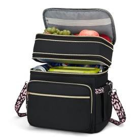 HSHRISH Double Deck Lunch Box for Women, Expandable Insulated Large Lunch Bag Women Leakproof Lightweight Lunch Cooler Bag Durable Lunchbox for Work Outdoor Travel, Black