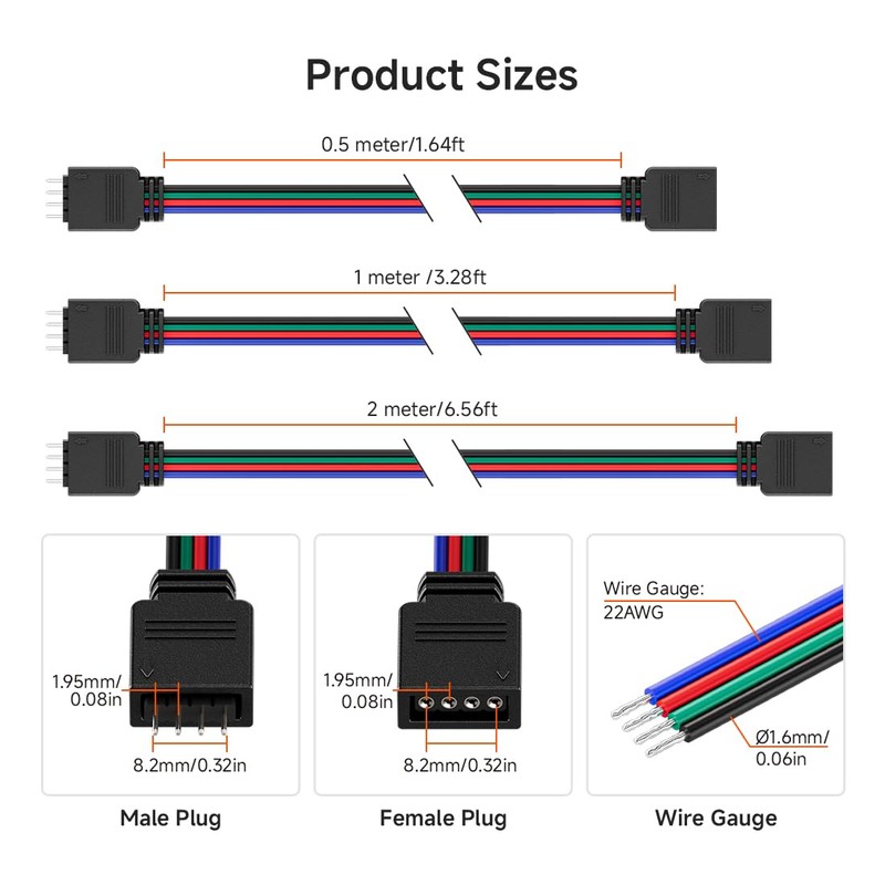 BTF-LIGHTING 5 Pack 22AWG 4 Pin JST Male to Female