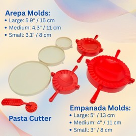 Latin Cuisine Kit with Empanada Maker Press (3 Sizes) + Pasta Cutter + Molde para Arepas (3 sizes) - Molde para Empanadas also ideal for Quesadilla Crimper, Dumpling Wrappers, Tortillas, Pierogies