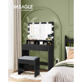 VASAGLE Vanity Desk with Mirror and Lights, Makeup Vanity with Upholstered Vanity Stool, 9 Dimmable LED Lights, 3 Compartments, 2 Drawers, for Bedroom, Ink Black URDT129B01