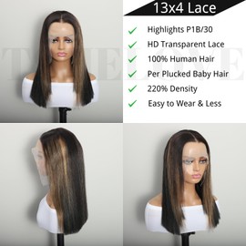 TSHELOVE Brown Highlight Lace Front Wig Human Hair Bone Straight Bob Wigs Pre Plucked, 1B/30 Honey Blonde Transparent Lace Front Wigs Human Hair Wigs For Black Women 220% Density 12 Inch