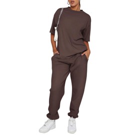 REORIA Women Cotton Lounge Wear Sets Crew Neck Tracksuit Set Short Sleeve Tops and Long Sleeve Joggers Two Piece Outfit Co Ord Sets Coffee XXL