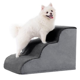 MIHIKK Dog Stairs Ramp, Curved 3-Step Dog Steps for Small Dogs and Cats, Pet Stairs for High Beds and Couch with Anti-Slip Washable Cover and Durable High Density Foam, Dark Grey