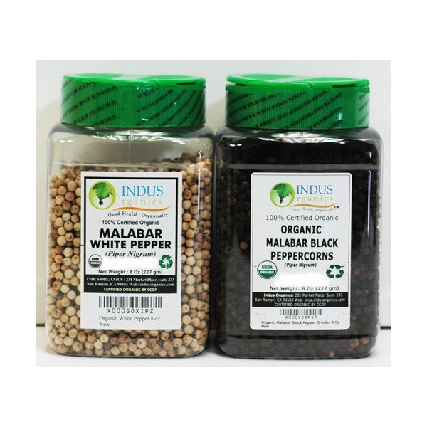 Indus Organics Malabar Black & White Peppercorns, 8 Oz Jar, Premium Grade, High Purity, Freshly Packed