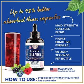 Liquid Collagen with Ashwagandha and L-Theanine - High Absorption 100,000 mcg Hydrolyzed Collagen Peptides Liquid Drops - Hair, Skin, Nails Health - Mood, Energy Levels Support – 2oz, 60 Servings.