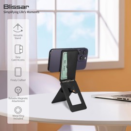 Blissar Magnetic Wallet Phone Stand, 3-in-1 Card Holder with Phone Tripod & Selfie Stick, MagSafe Compatible for i-Series 16/15/14/13, Metal Ring for Android Universal Fit, Premium PU Leather, Black