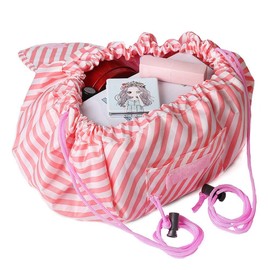 HEARTEST Drawstring Makeup Pouch for Travel, Magic Pouch, Portable Makeup Bag, Waterproof, Large Capacity, Ultra Lightweight, Convenient, pink striped