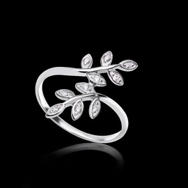 Materia Women's Ring Laurel Leaves 925 Silver Zirconia Rhodium-Plated German Production #SR-125, Zirconia, Cubic Zirconia