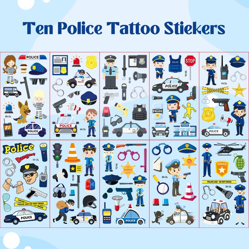 10 Blätter Polizei Tattoos für Kinder,Kindertattoos Polizei,Polizeiauto temporäre Tattoos,Mitgebsel Kindergeburtstag