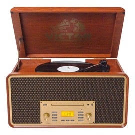 Victor VWRP-5000 Monument 8-in-1 Bluetooth Turntable with 3-Speed Vinyl Record Player, Cassette, CD Player, AM/FM Radio, USB, Aux Input, and Built-in Speakers – Ideal for Vinyl Lovers